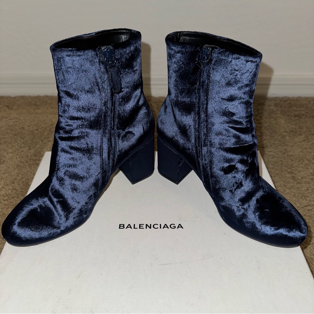 Balenciaga Blue Velvet Ankle Booties with Chunky Heel